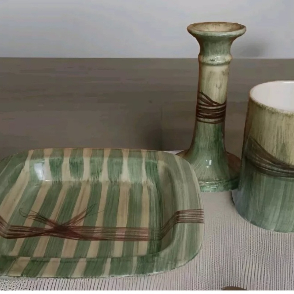 VTG MCM Amara Italian Set Of Vase Or Utensil Holder, Plate, Candle Stick Boho